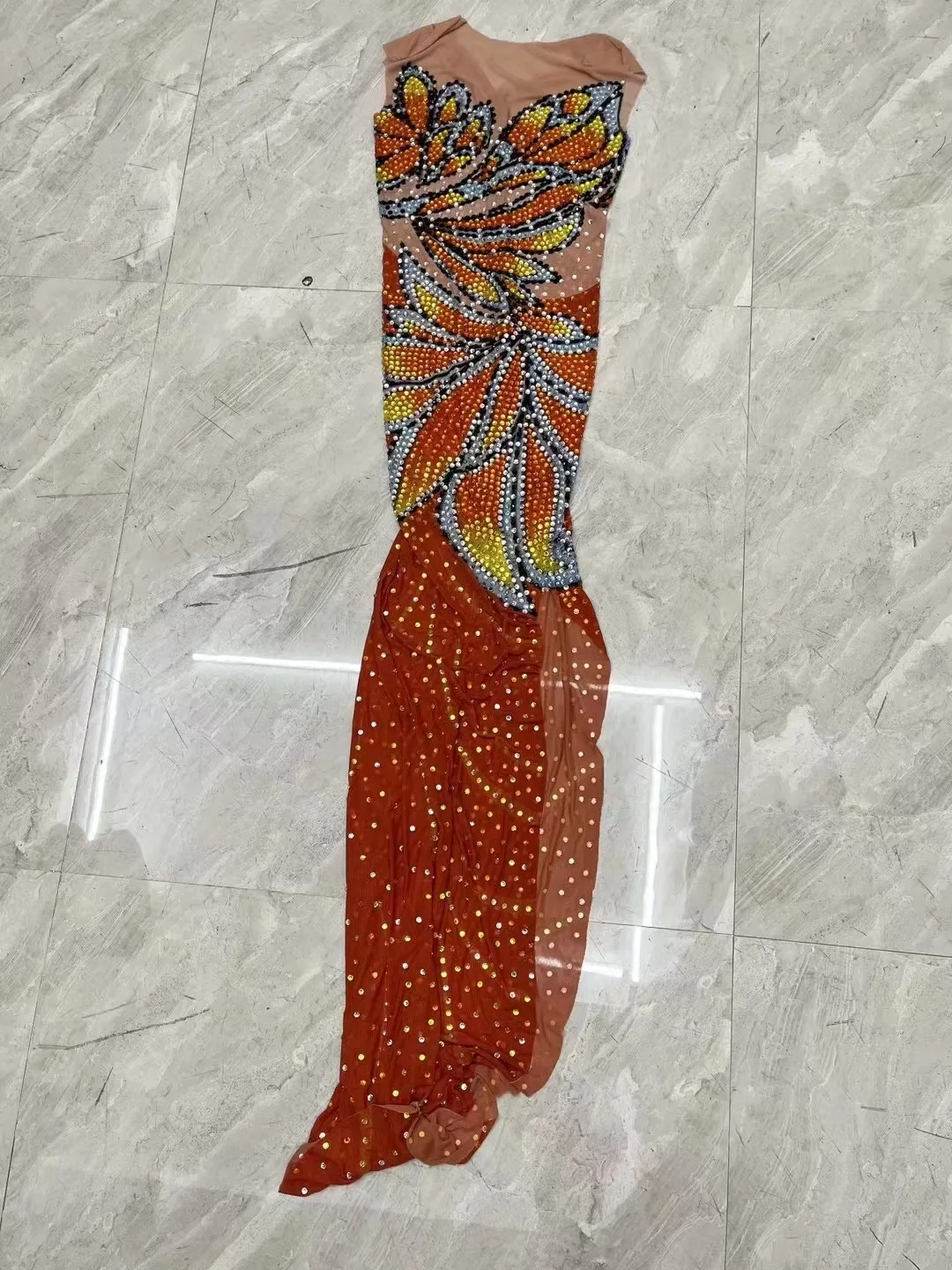 Sexy Stage Orange Colorful Rhinestones Sleeveless Dress Transparent Stretch Outfit Club Birthday Party Photoshoot Collections