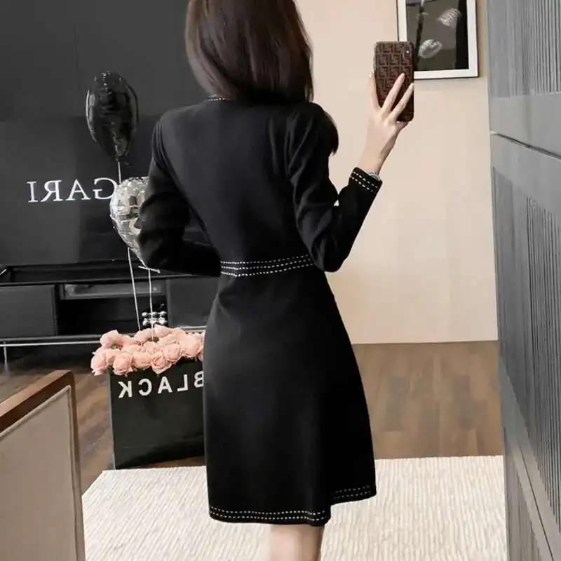 #0934 Office Sweater Dress Women V-neck Single Breasted Mini Dress Female Long Sleeve Slim Fit Short Knitted Dress Korean Style
