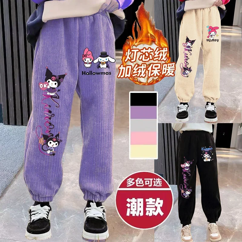 

Kuromi Corduroy Pants for Girls Winter Fleece-lined Pants Comfortable Warm Long Version Stylish Casual Long Pants for Children