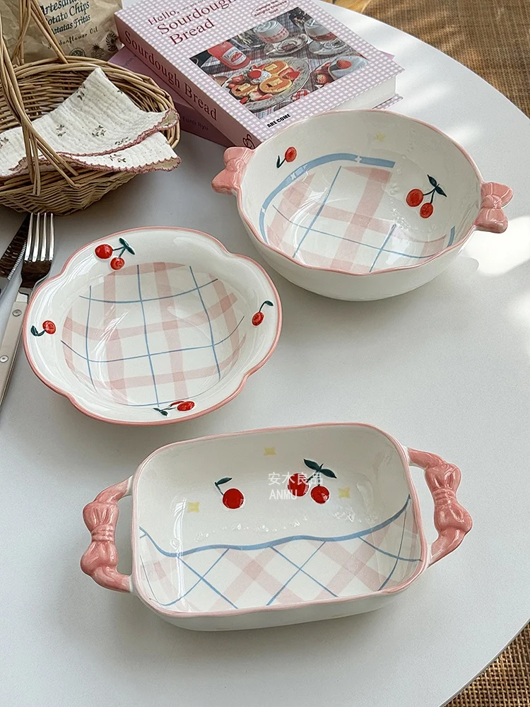 

Anmuli Double Ear Cerc Soup Bowl Cherry Plaid Underglaze Color Korean Sle Large Order Little Girl Heart High Aesthetic V...