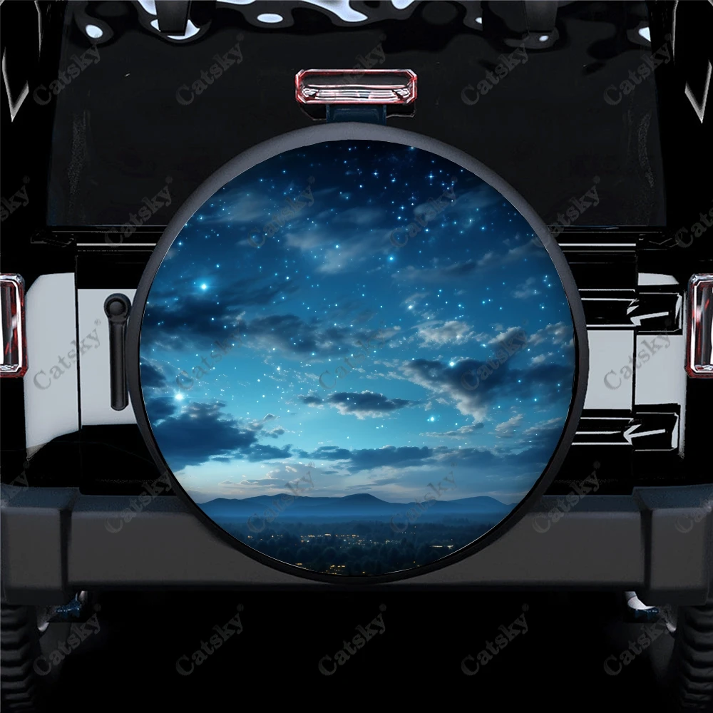 Starry Sky with Clouds Polyester Universal Spare Wheel Tire Cover Custom Tire-Covers for Trailer RV SUV Truck Camper