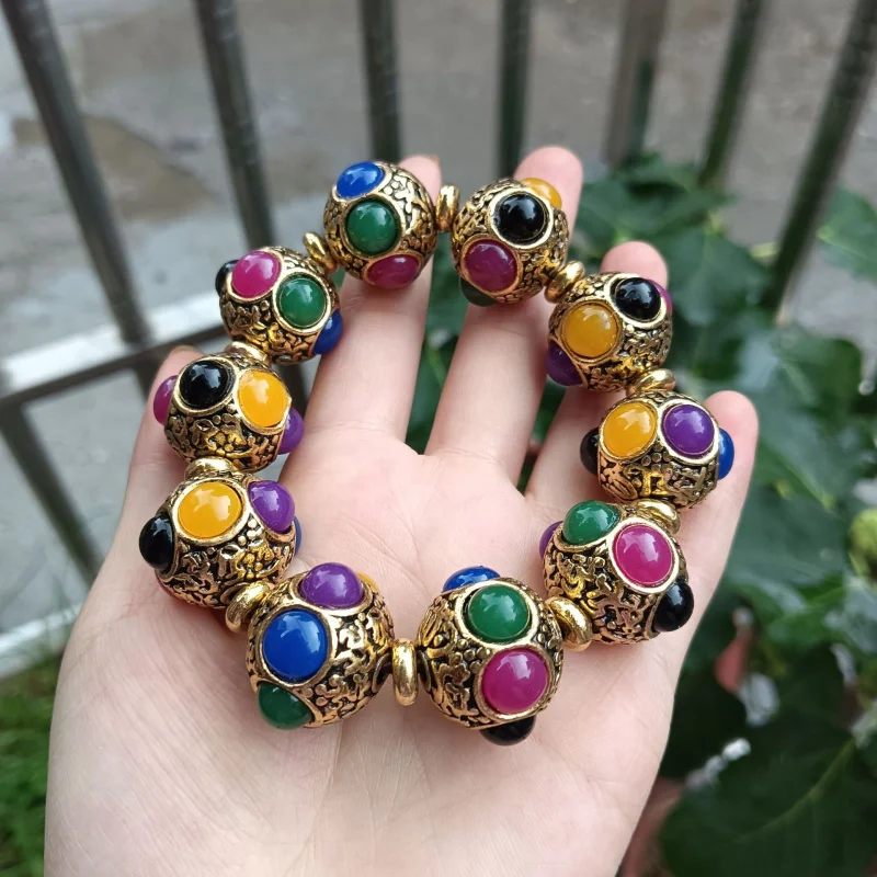 Antique collectible brass , multi-gemstone glass , men's and women's bracelet, handicraft