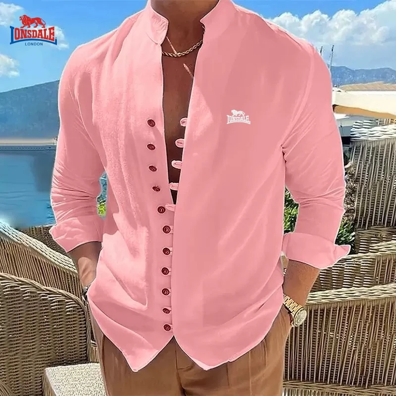 قميص رجالي جديد عالي الجودة من القطن والكتان بياقة هنري وأكمام طويلة، قميص عصري وكاجوال ومريح ومتعدد الاستخدامات