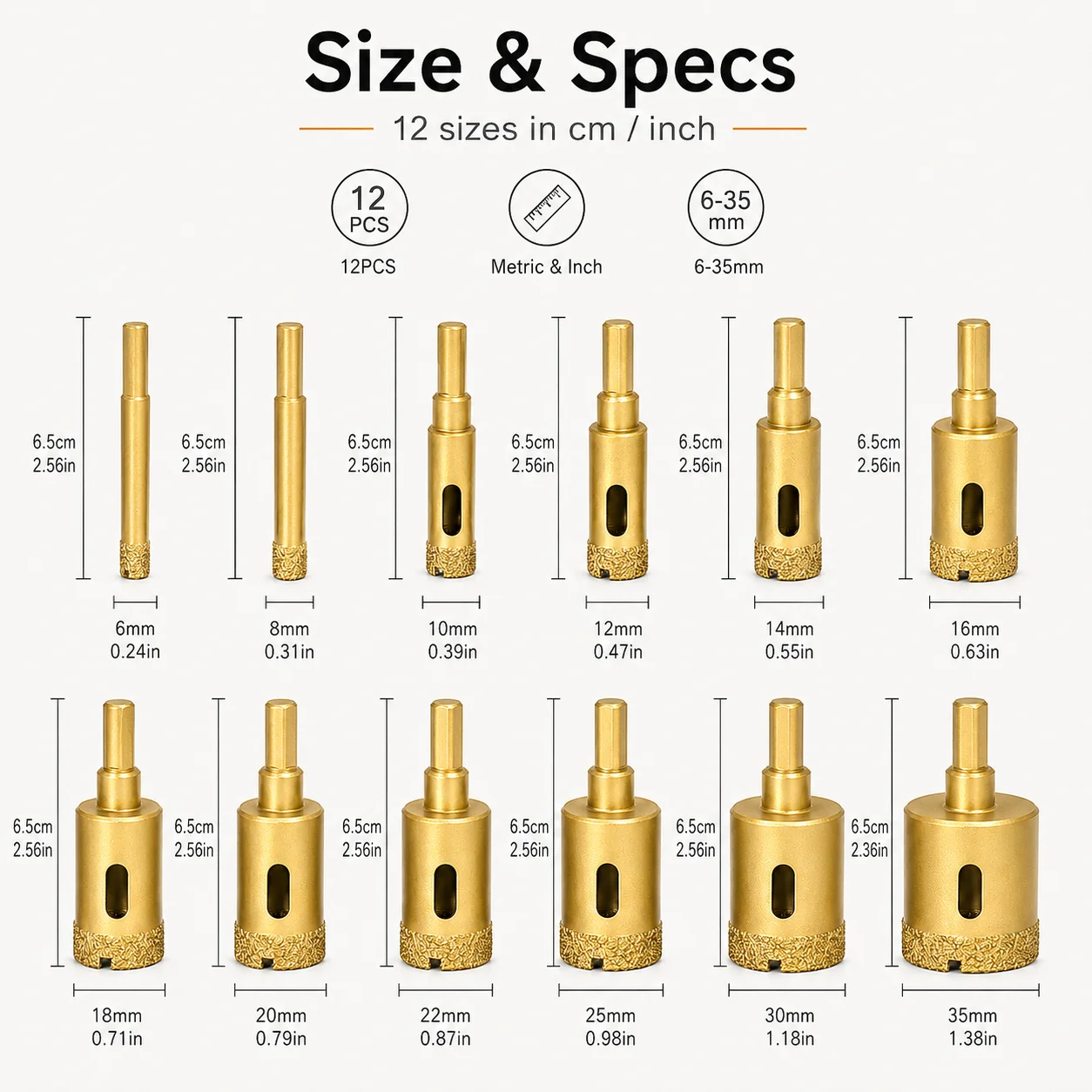 12Pcs Gold Plated Diamond Hole Saw Set 6-35mm, Hex Shank Diamond Core Drill Bits with Storage Case for Tile Glass Marble Stone
