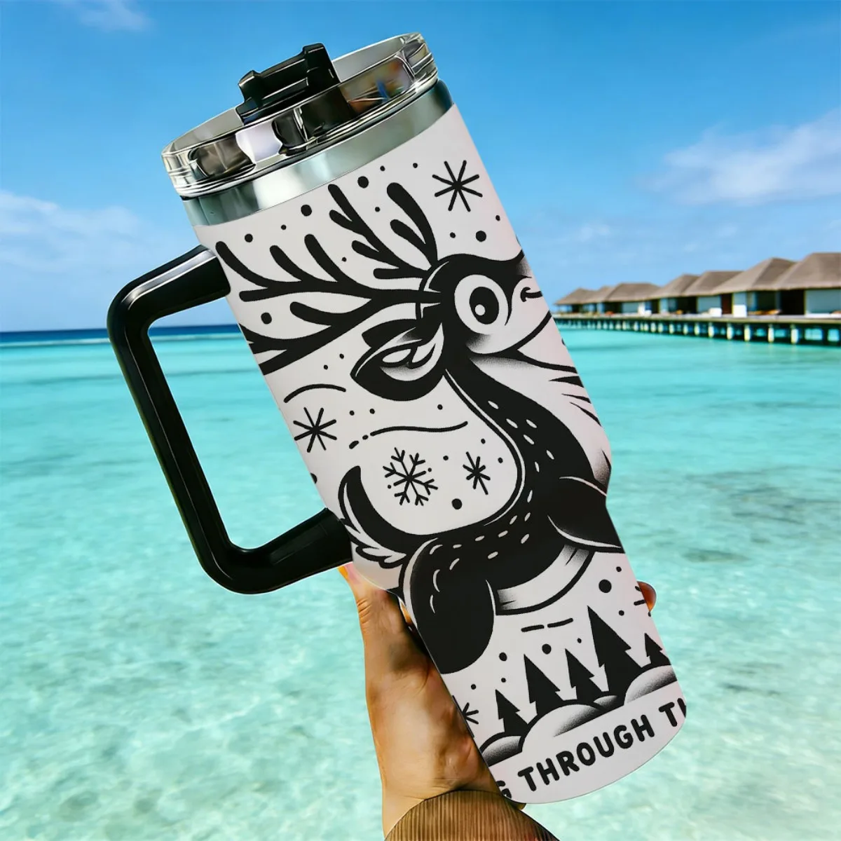 40oz Black White Christmas Reindeer Snowflake Print Stainless Steel Tumbler With Handle Straw Lid 24 Hours Cold Insulated Travel Cup