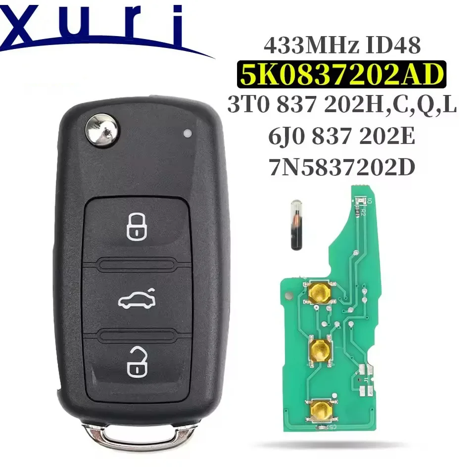 

Xuri 5K0837202AD ID48 Chip 433MHz 2/3Buttons Flip Car key Remote Key For VW Volkswagen Multivan T5 Sharan Caravelle 2009-2015
