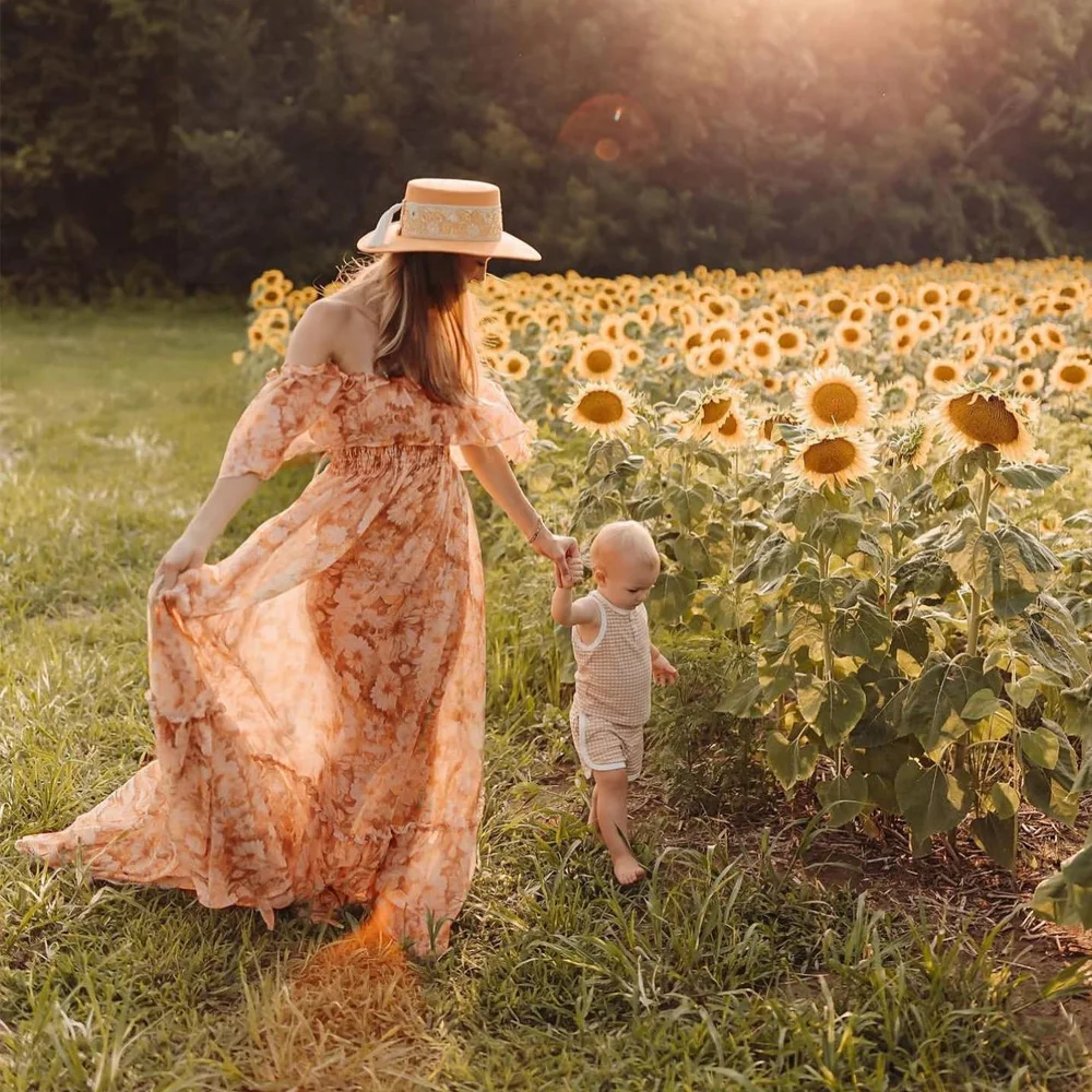 Bohemian Photo Shooting Pregnancy Dress Printed Chiffon Off Shoulder Two-Piece Dress Maternity Dresses For Baby Showers