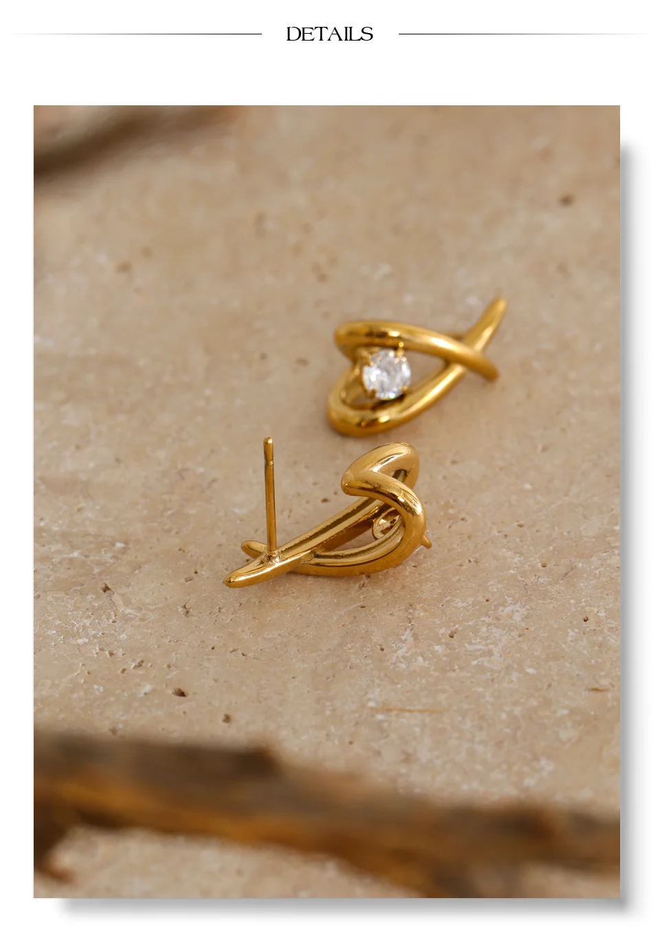 Yhpup Edelstahl-Ohrstecker mit eingelegten runden CZ-Steinen, X-Form, goldfarben plattiert, moderner, glänzender Glamour-Schmuck, wasserdicht. – Detail 8