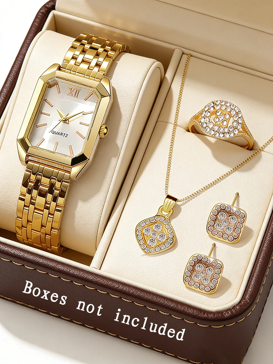 

Casual Fashion Square Quartz Watch And Hollow Jewelry Set wi Steel Strap Birthday Gift No Box