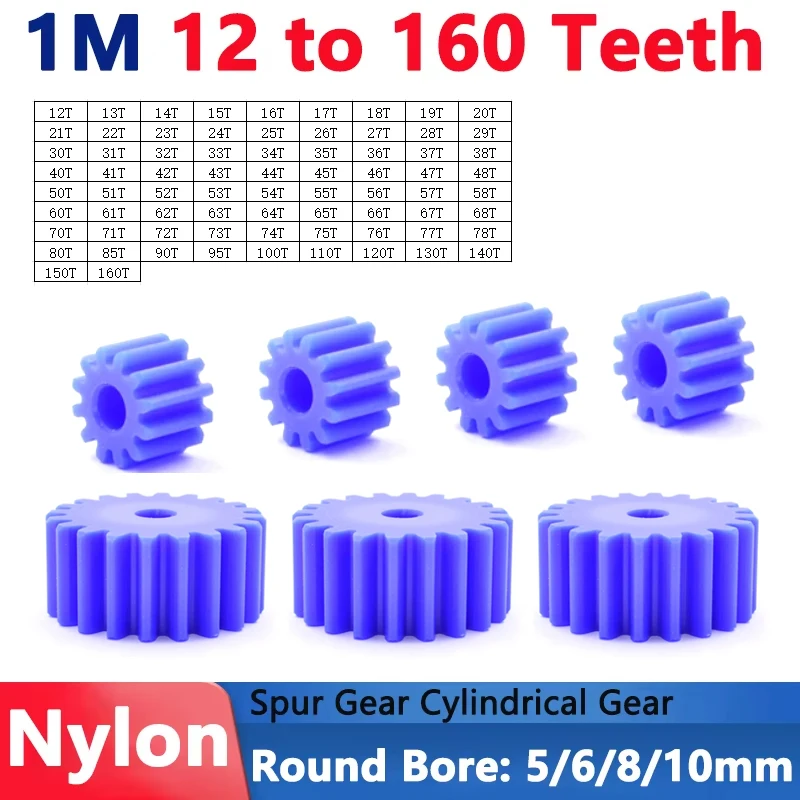 1pcs 12 to 160 Teeth 1M Blue Nylon Flat Spur Gear Low Noise Plastic Gear Wheel for 3D Printer/Drone/RC Car Projects Pitch 3.14mm