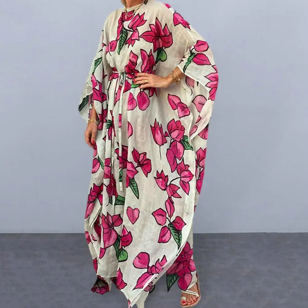 

Vintage Style Dress Flower Print Oversized Maxi Dress with Lace-up Waist Bat Sleeves for Women's Vacation Wear Romantic Floral