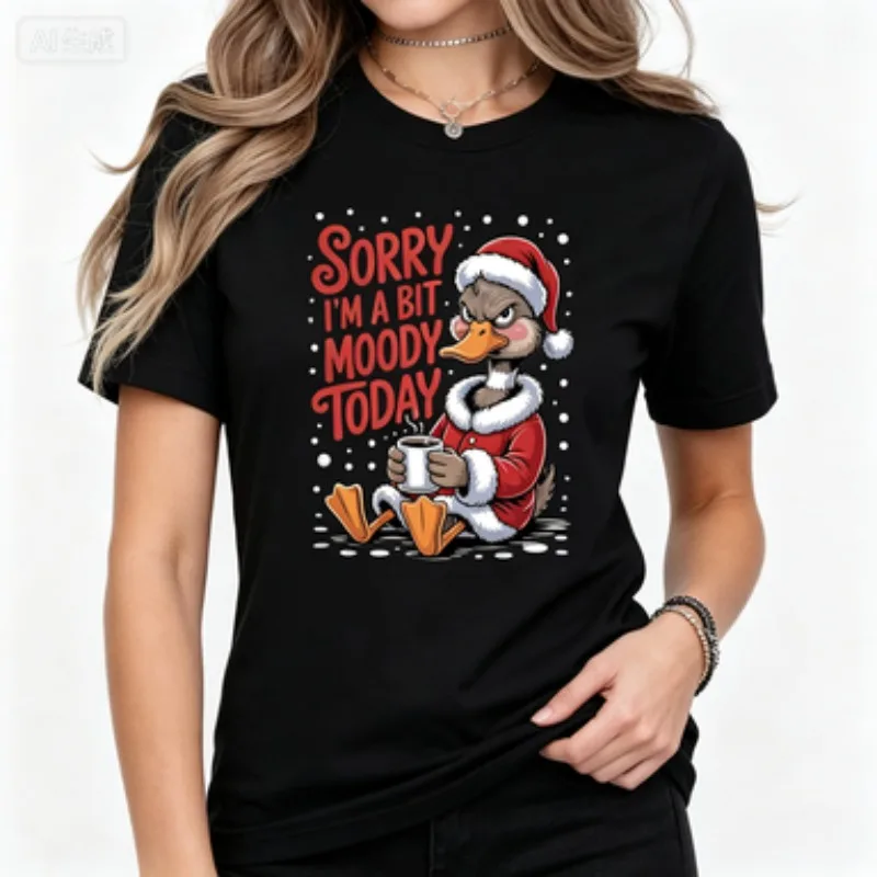 Women Short Sleeve T-shirt Moody Santa Duck Coffee Print Sorry I'm A Bit Moody Today Funny Christmas Winter Casual Holiday Tee
