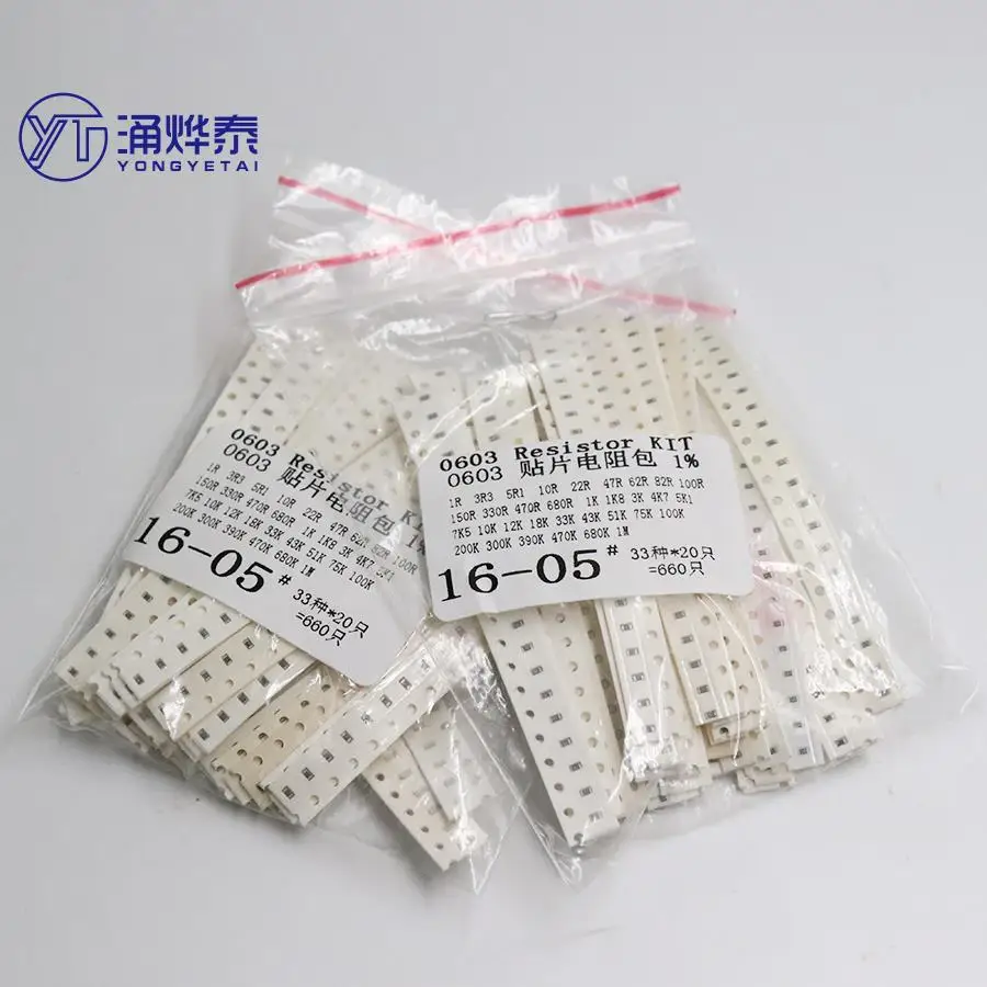 YYT 660/bag 0603 SMD Resistor Kit Assorted Kit 1ohm-1M ohm 1% 33valuesX20pcs=660pcs Sample Kit