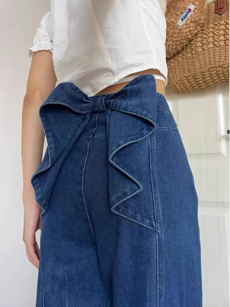 

HOUZHOU Sweet Bow High Waist Jeans for Women Y2k Blue Vintage Aesthetic Straight Denim Trousers Korean Fashion Casual Baggy Jean