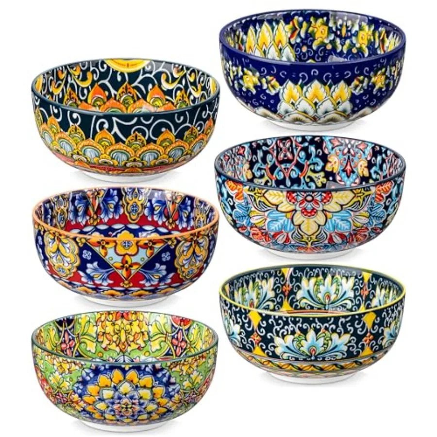 

Cereal Bowls Set of 6 Bohemian Ceramic Soup Bowls 28 oz Colorful Bowls Set for Kitchen Dishwasher and Microwave Safe for Salad
