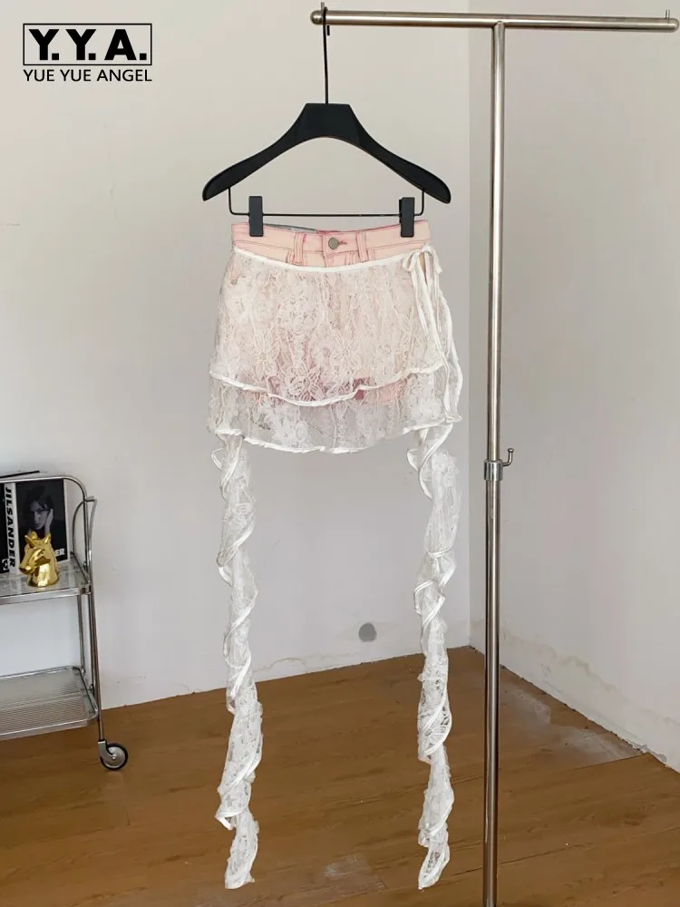 

Sweet Women Denim Shorts High Waist Fashion Patchwork Lace Tassel Mini Straight Trousers New Summer Streetwear Ladies hotpants