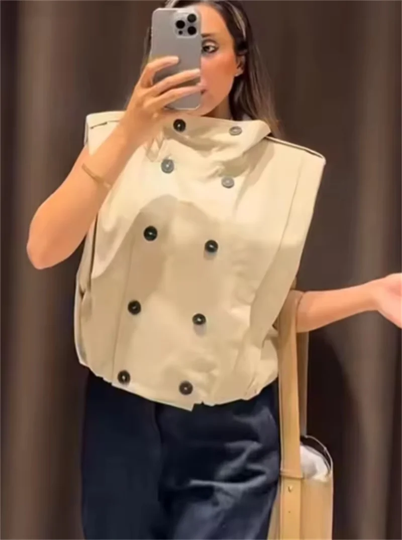 Guobioziy Women's Top 2026 Spring and Autumn New Fashionable Versatile Solid Color Stand Collar Pleated Button Vest