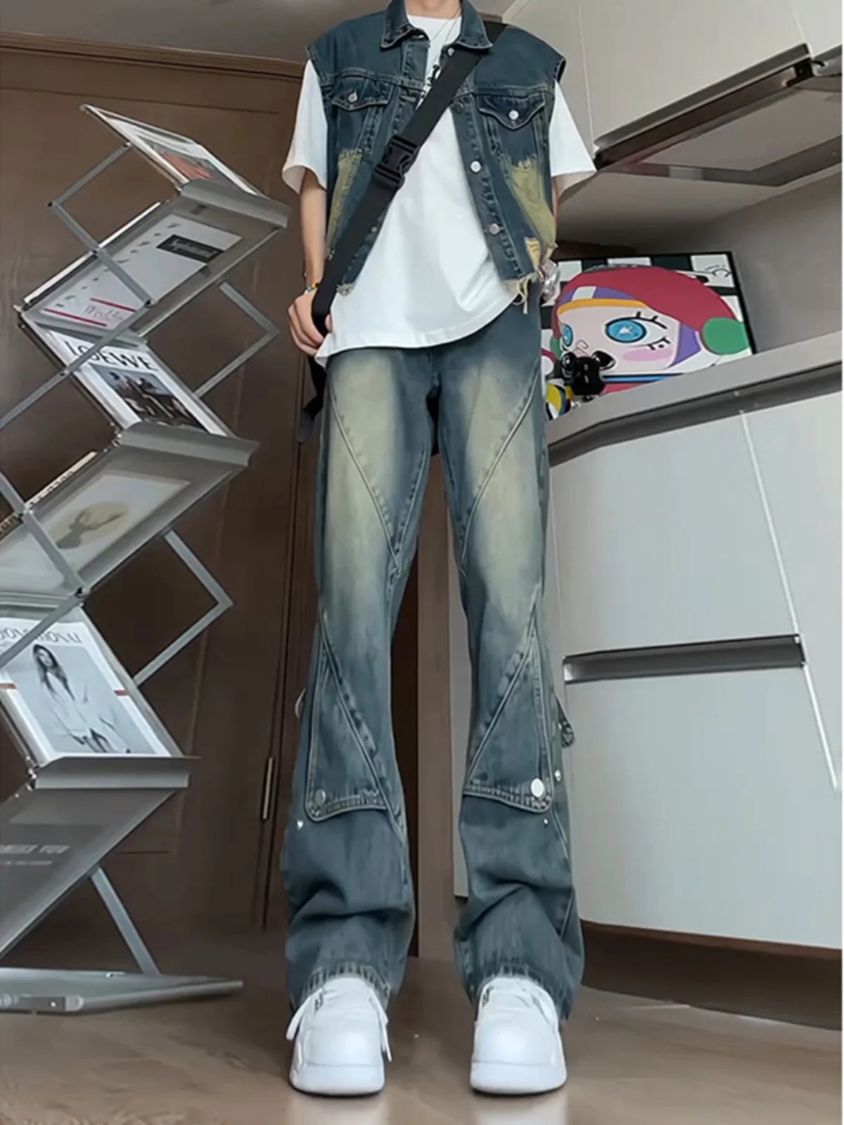 

American Retro Blue Button Denim Pants Wide Leg Loose Trendy Men High-End Feeling Straight Leg Slim Micro Flared Pants