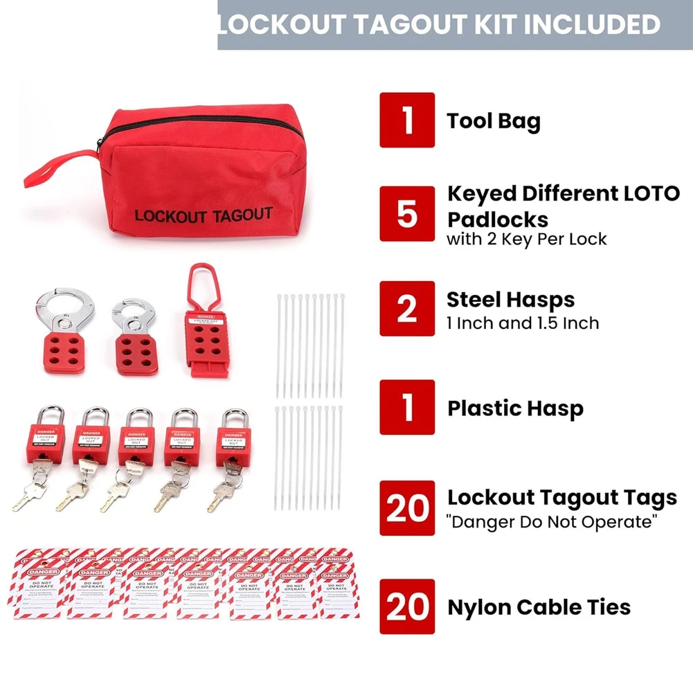 【A42U】자물쇠, 걸쇠, 지퍼 타이, 태그 및 보관 가방이 포함된 잠금 태그아웃 키트 - 산업 장비용 전기 로토