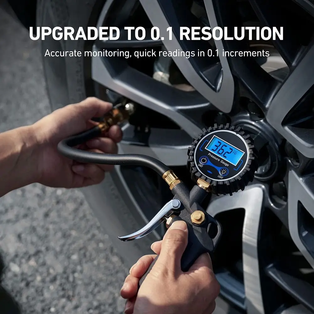 Aksesori Kompresor Pengukur Tekanan Ban Digital Chuck Udara 250 PSI Selang Karet Inflator Ban Otomatis Resolusi Tampilan 0.1