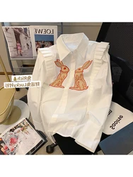 Women Vintage Rabbit Printed Shirt Single Breasted Streetwear Sweet Chic Fashion Oversized Loose Female Lovely Blouses Tops