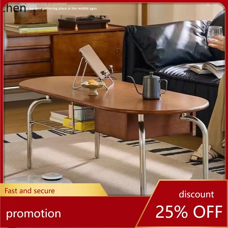 ZML Solid Wood Coffee Table Stainless Steel Design with Drawer Multifunctional Vintage Small Table