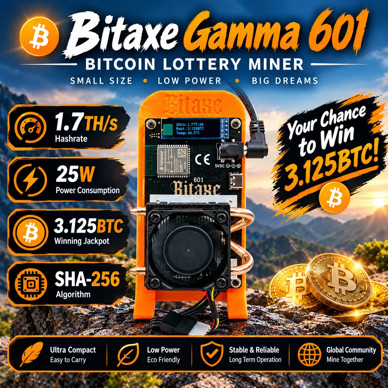 Bitaxe Gamma 601 Bitcoin Lottery Miner 1.7TH/s 25W SHA-256 ASIC Solo Miner with Power Supply Win 3.125 BTC Block Reward