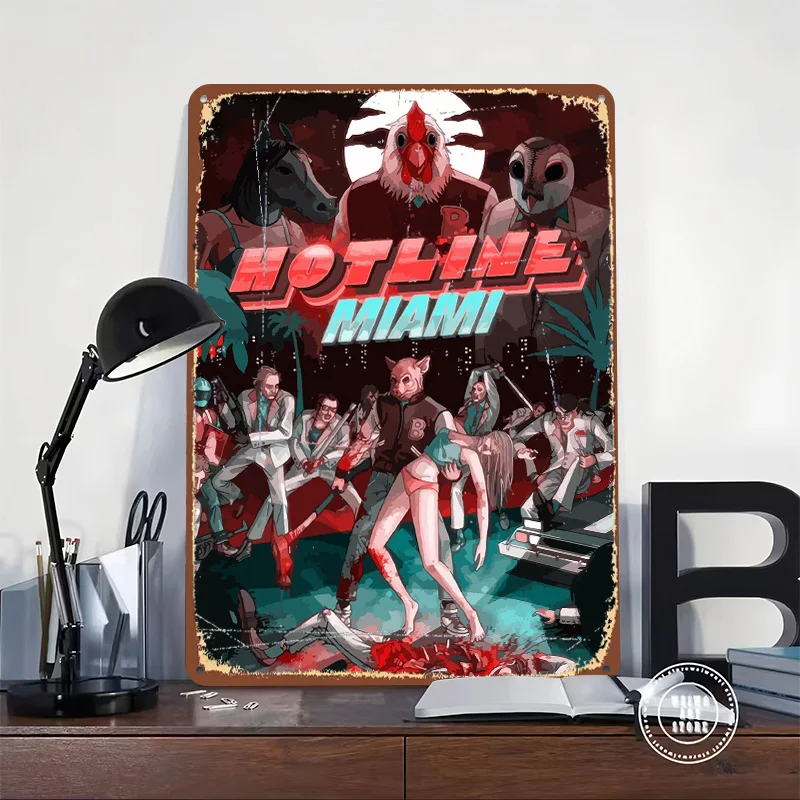 Hotline Miami Poster Customized Wall Art Vintage Metal Signs Retro Tin Plaque for Man Cave Office Decoration Gaming Home Deco