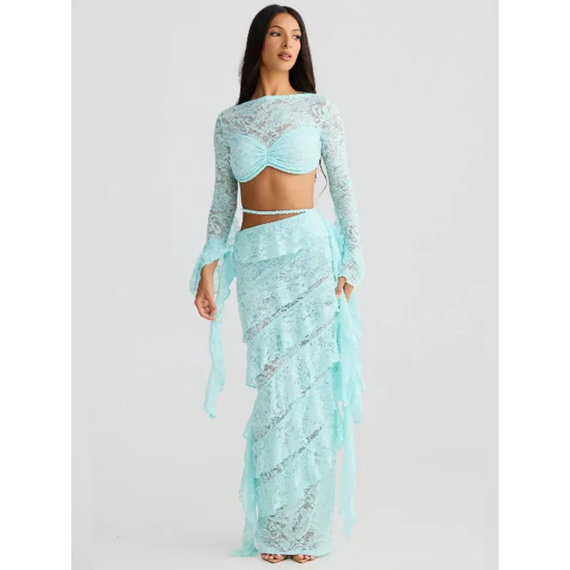 

Летние облегающие наряды нестандартной формы, сексуальная женская кружевная юбка, комплект из двух предметов, элегантный укороченный топ, ажурный многослойный костюм макси-юбки с рюшами