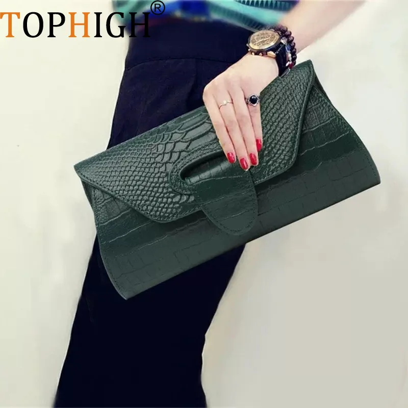 TOPHIGH Crocodile Pattern Foldable Women Clutch Bag Shoulder Bag Lady Genuine Leather Fashion Messenger Bag Brand Women Wallet