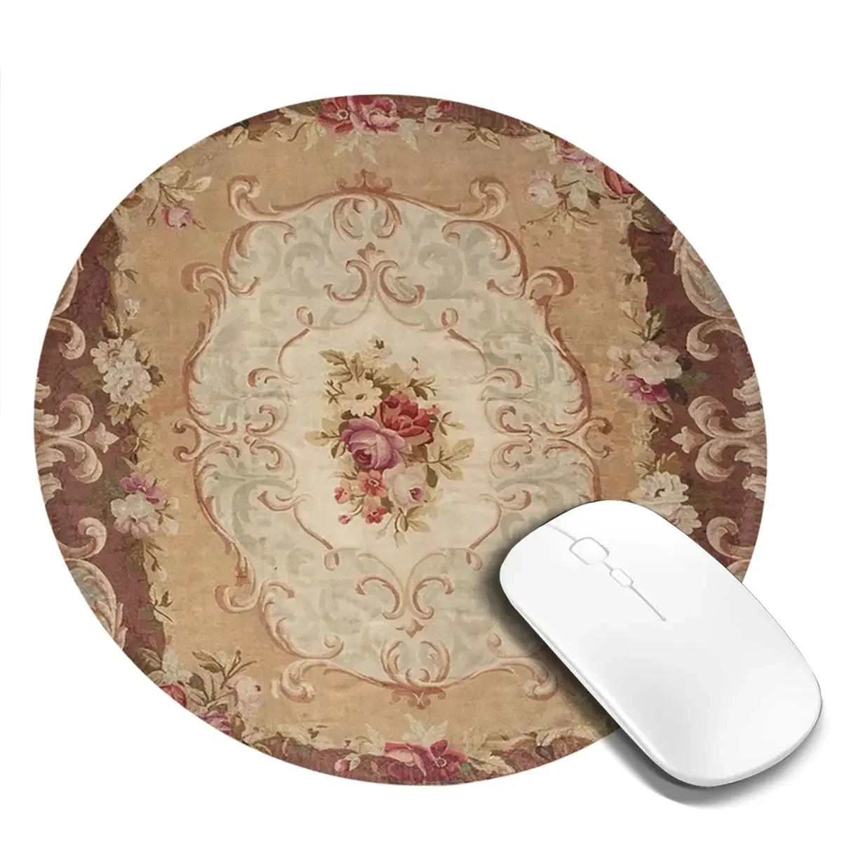 Antique Rose Floral French Aubusson Rug Print Round Mouse Pad Computer Keyboard Mouse Mat Gaming PC Desk Mat