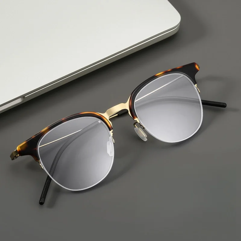 Men's Fashion Turquoise Round Frame Ultra Light Titanium Glasses Frame Retro Anti Blue Light Women's Flat Light Glasses 23880Y
