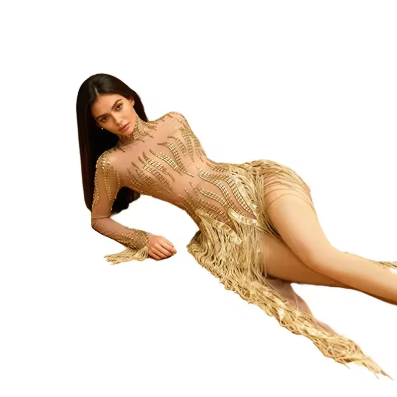 Sexy Transparent Performance Dance Costume Stage Wear Sparkly Gold Rhinestones Fringes Birthday Celebrate Evening Dress