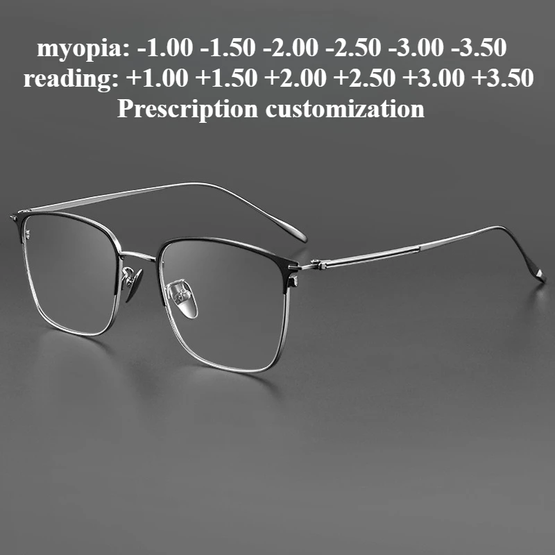 

53 мм ультра-легкие очки для близорукости из чистого титана, мужские полнокадровые очки для чтения в стиле ретро с защитой от синего света + 1,00