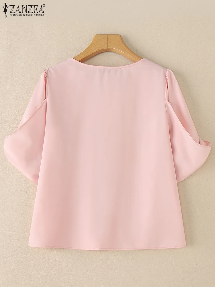 ZANZEA Frauen Elegante Gefaltete Blusen 2025, Sommer Oansatz Halbe Hülse Casual Blusas de Mujer Einfarbig Pendeln Tops Streetwear