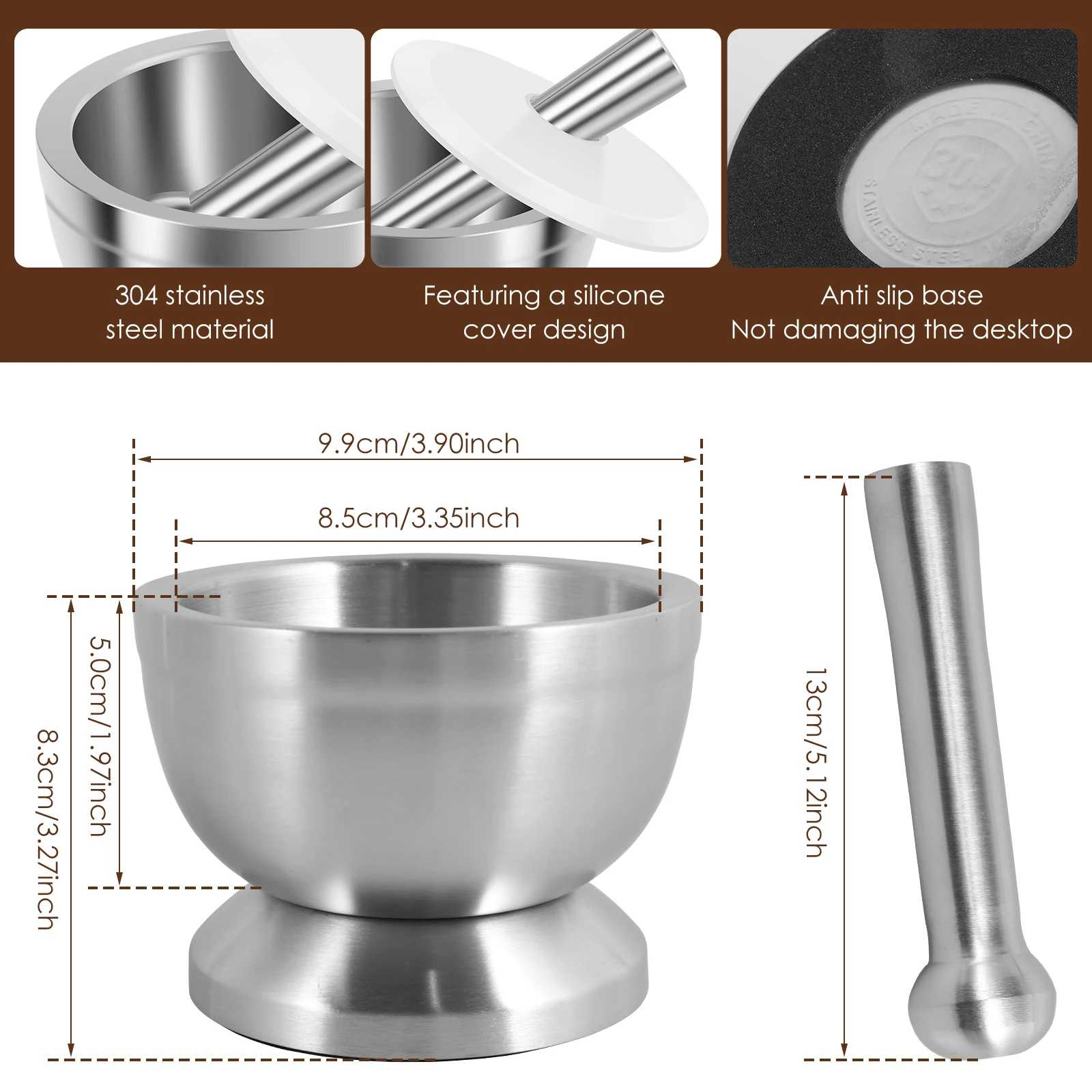 Stainless Steel Mortar and Pestle Set Efficient Spice Crusher with Silicone Lid and Anti Slip Base Rustproof Pill Crusher