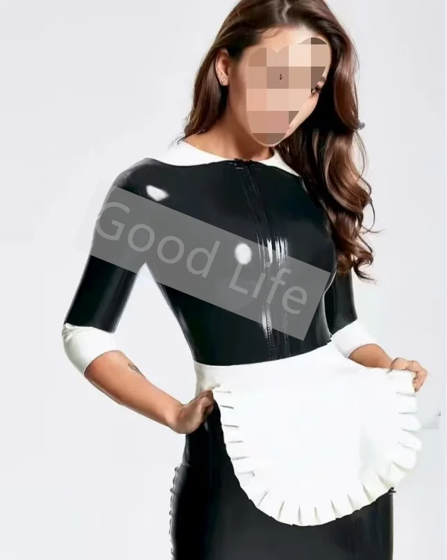 

Sexy Natural Latex Women Dress With White Decoration Front Zip Alice in Wonderland Latex Uniform Halloween Cosplay Uniform