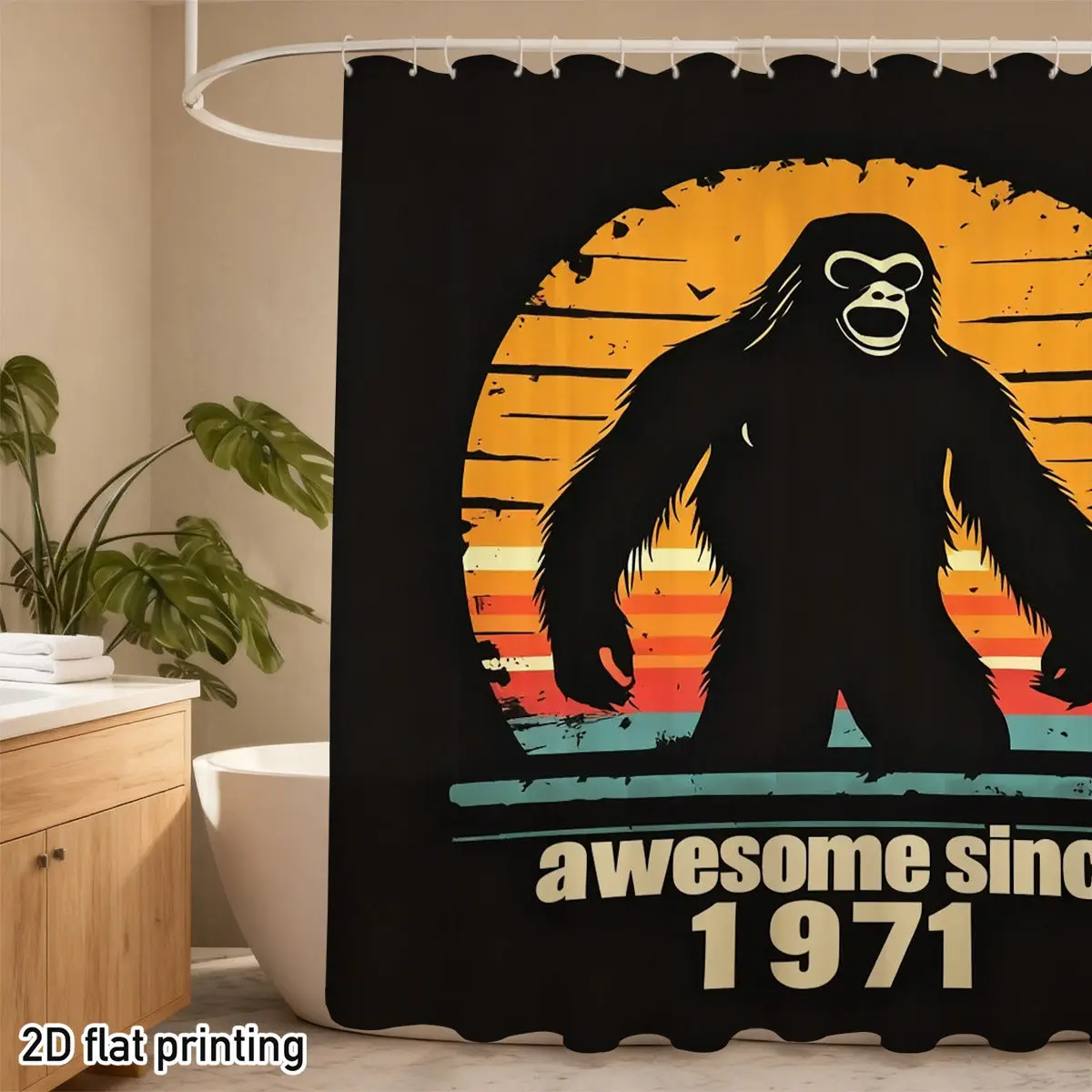 Bigfoot Shower Curtain – Silhouette with Retro Sunset & “Awesome Since 1971”, 2D Flat Print, Fade-Resistant Polyester, 12 Hooks