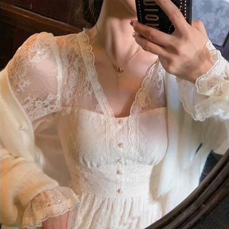 Gaun lengan panjang ramping Prancis gaun Midi satu potong musim dingin baru untuk wanita bagian wanita elegan seksi leher-v gaun peri renda