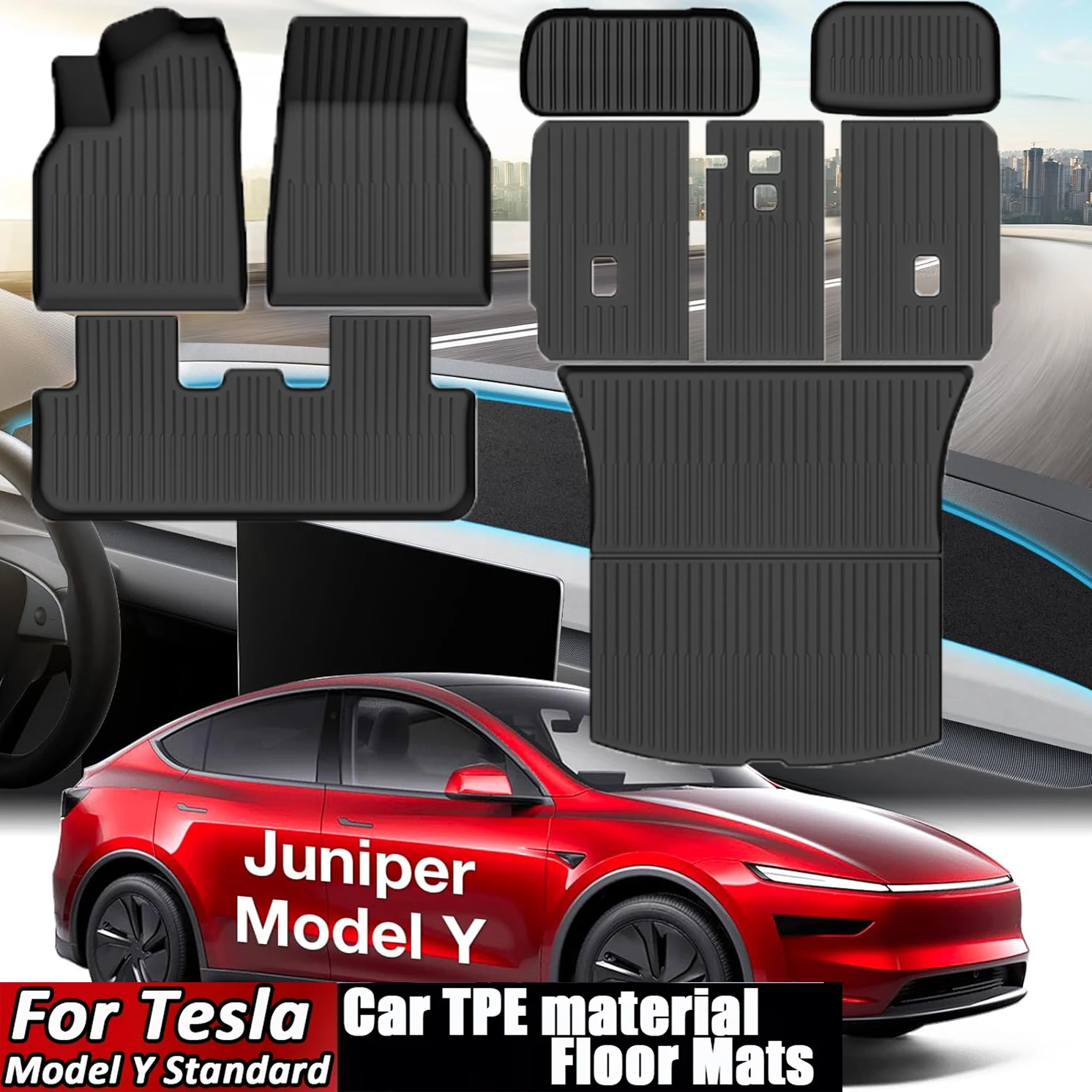 Allwetter-Fußmatten für Tesla Model Y Juniper 2025 2026, 3D Maßgefertigte Wasserdichte TPE-Teppiche, Innenraum-Zubehör