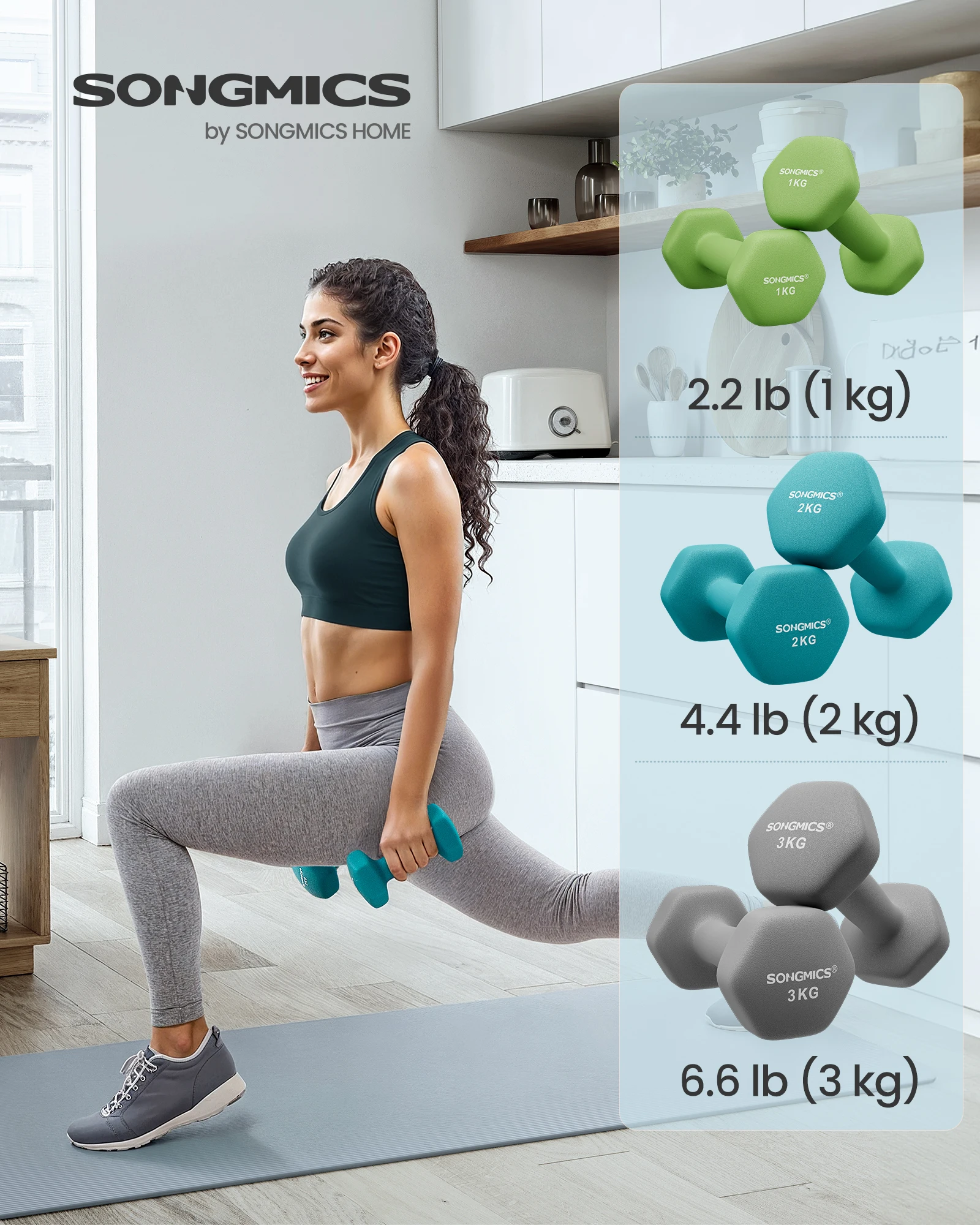 SONGMICS Hex-Hantelset mit Ständer - 2 x 1 kg, 2 x 2 kg, 2 x 3 kg, Neopren-Matt-Finish, Handgewichte für das Heimtraining