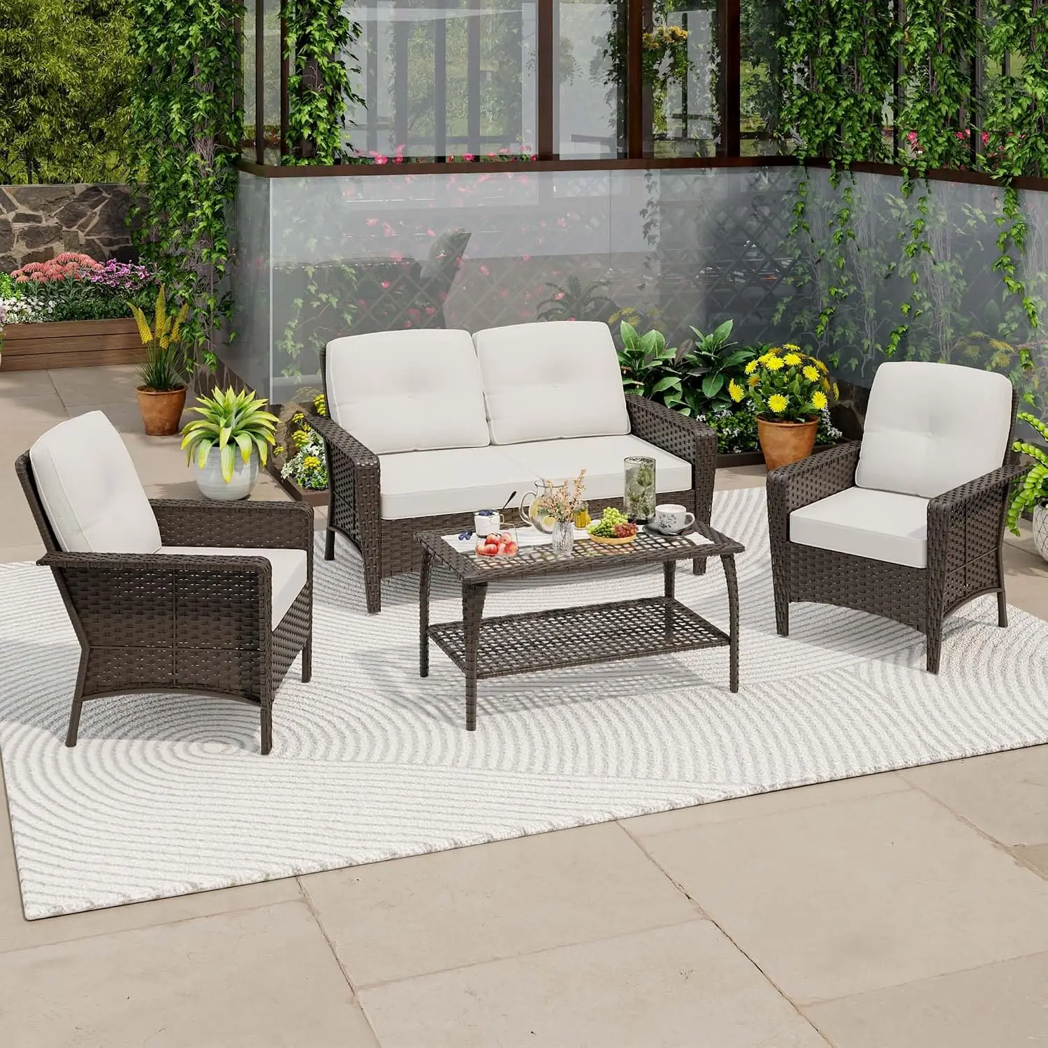PE Wicker Patio Sofa & Chair & Table 4-Piece Outdoor Garden Balcony Furniture Set, Customized