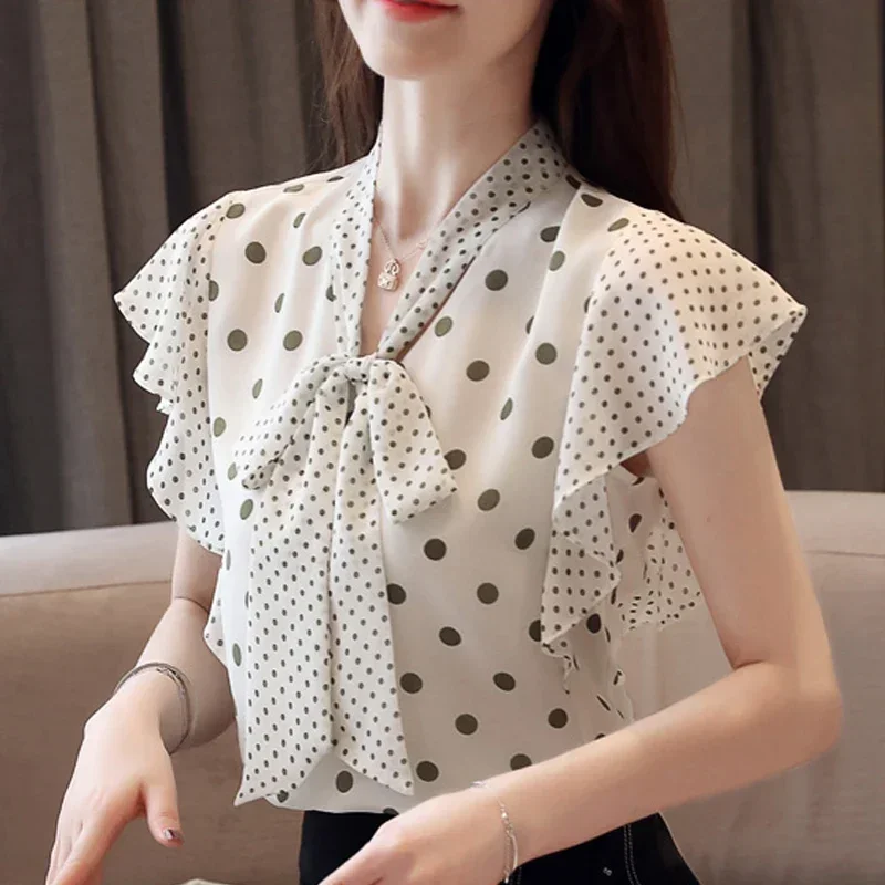 Blusas Mujer De Moda 2024 Women\'s Tops and Blouses V-Neck Polka Dot Bow Sleeveless Chiffon Blouse Women Tops Blouse Women 4719