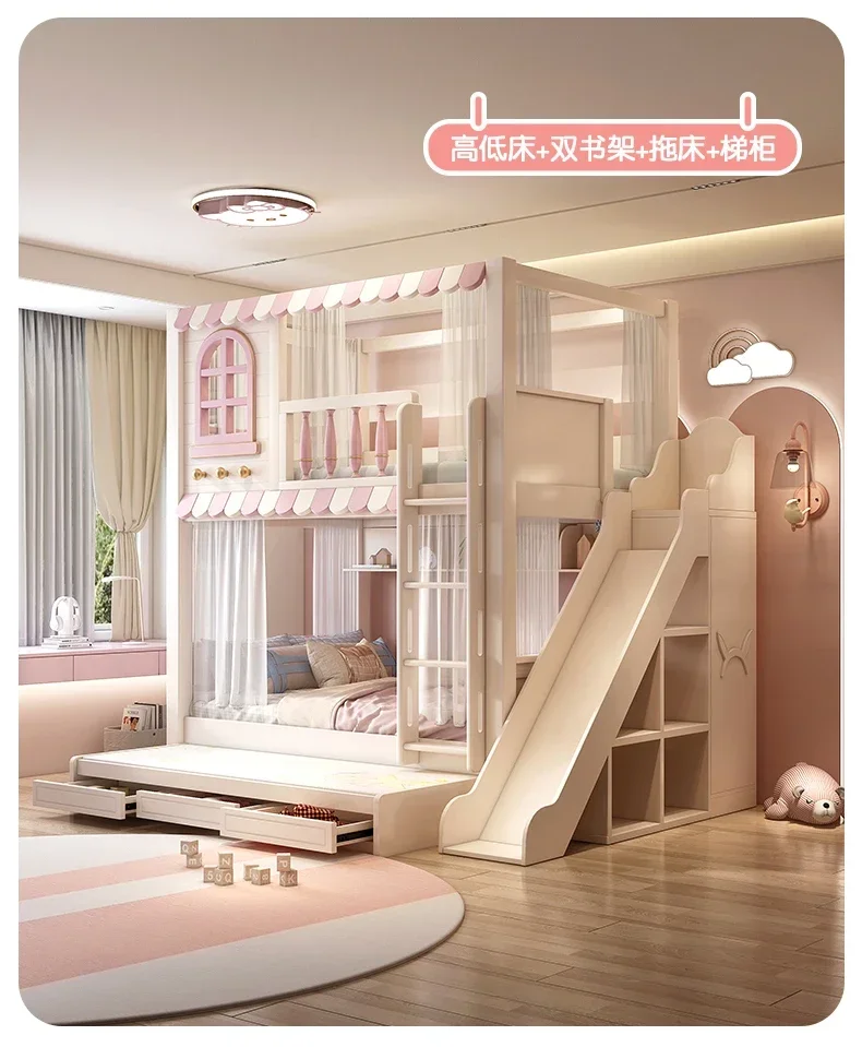 핑크 상부 및 하부 이층 침대, 모든 단단한 나무, 지붕 위의 높고 낮은 구조, 가드레일이 있는 창문, 슬라이드 
