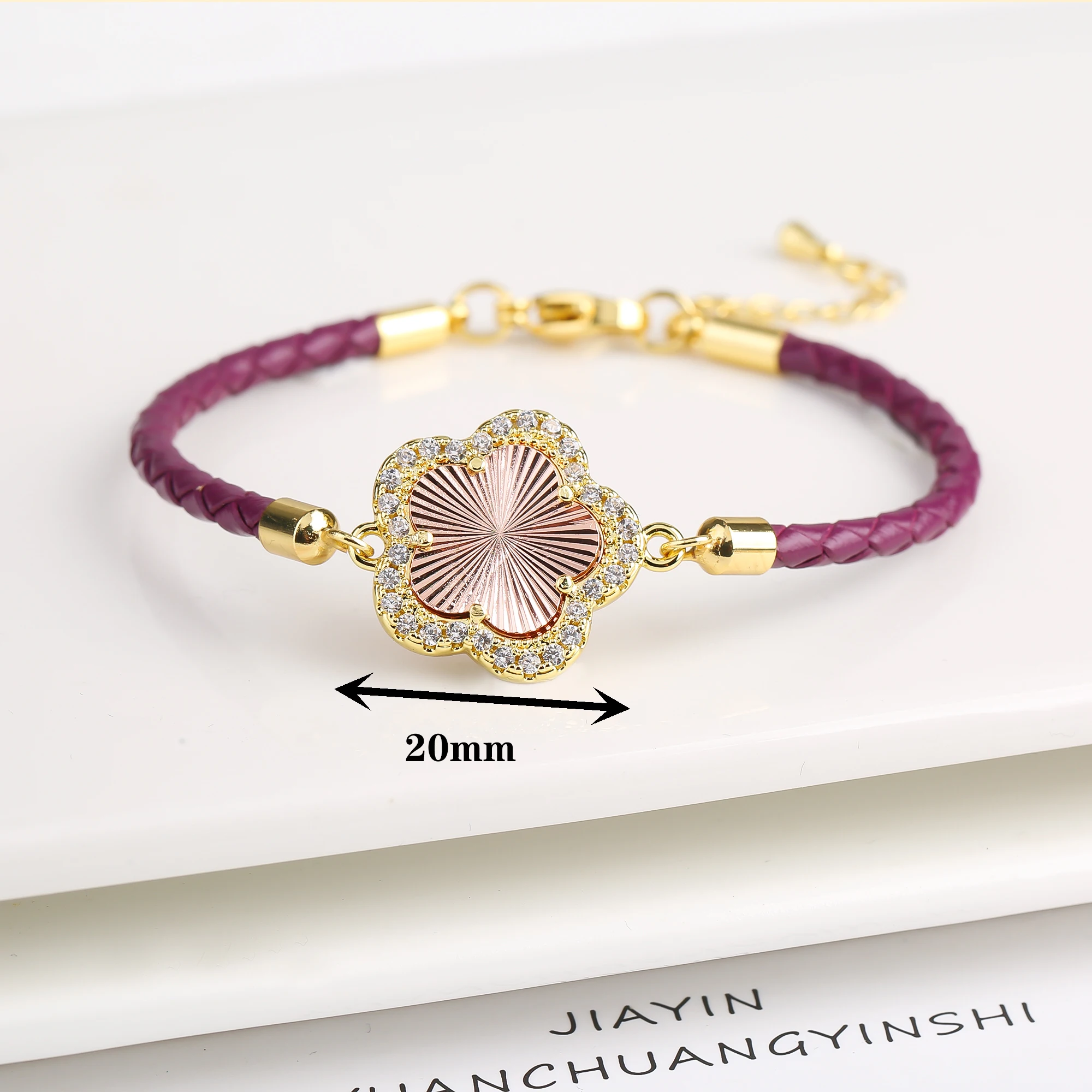 Classic Genuine Leather Woven Natural Stone Flower Charm Bracelet