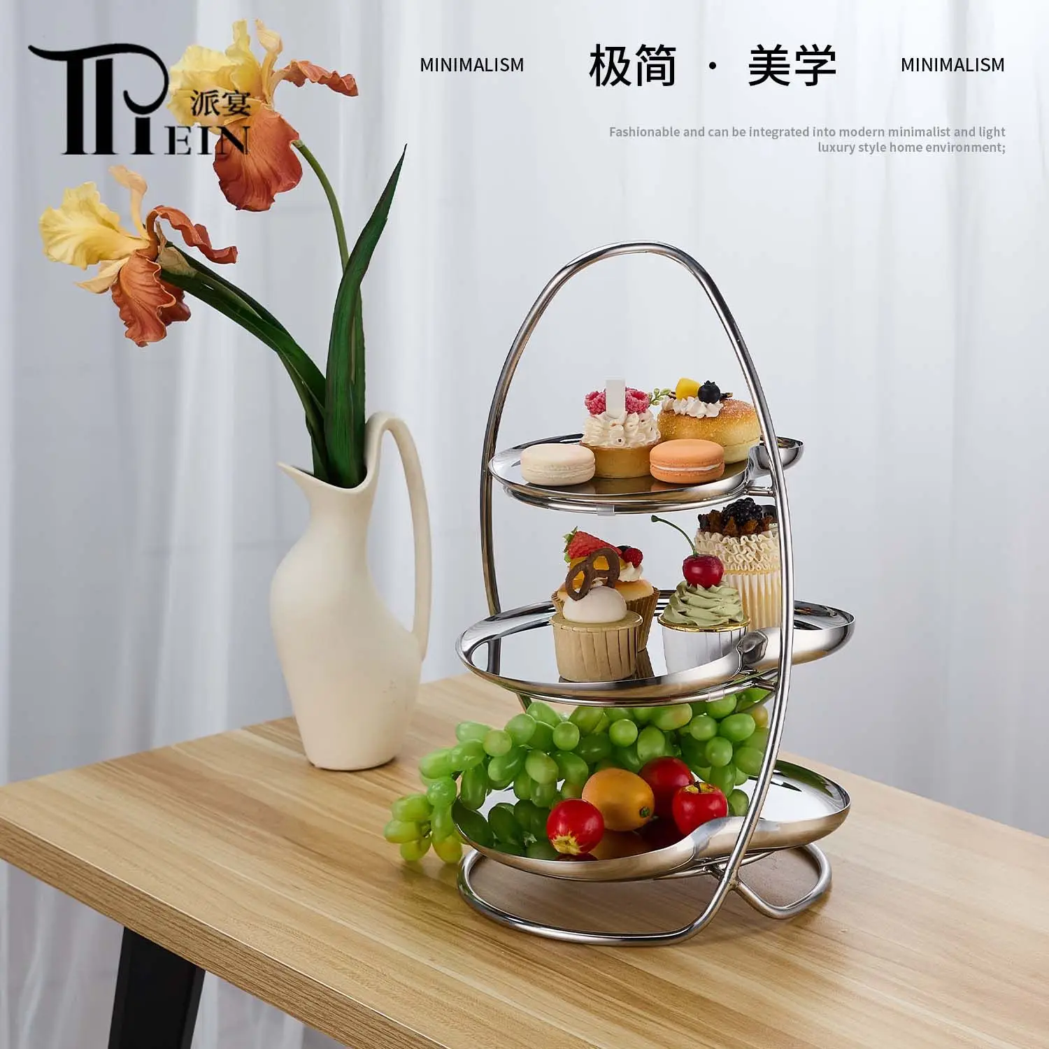 Hotel European-style light luxury afternoon tea snack rack, stainless steel three-layer dessert rack, cake fruit storage plate