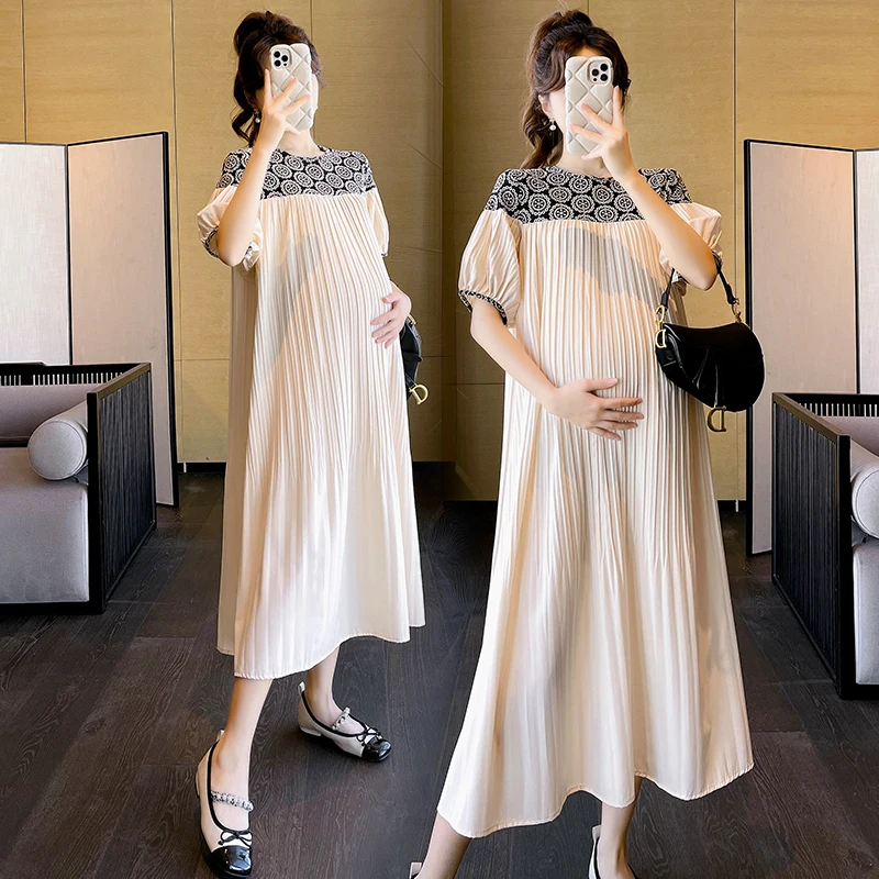 Embroidery Patchwork Pleat Maternity Straight Long Dress 2024 Summer Korean Fashion Clothes for Pregnant Women Casual Pregnancy