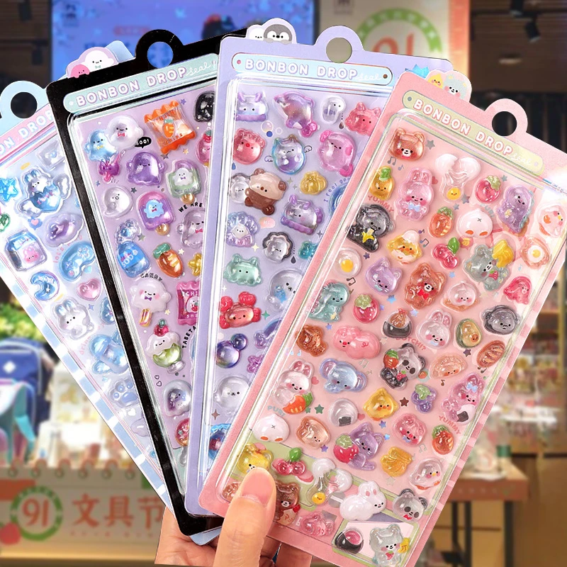 3D Embossed Crystal StickersCute Animal Transparent Crystal Diamond Decorative Stickers Phone Laptop Decorative Cartoon Stickers
