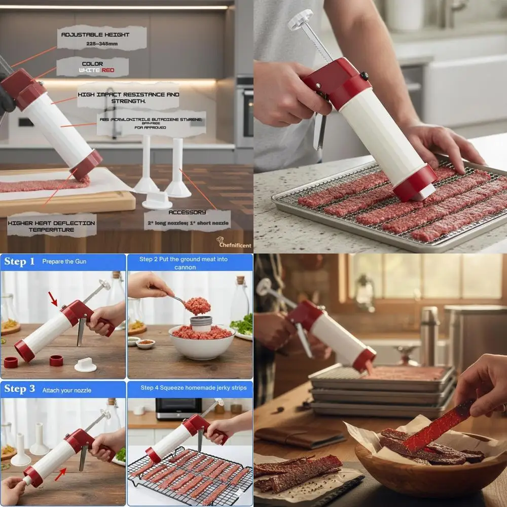 

Jerky Gun Kit, Food-Grade Plastic Jerky Maker & Sausage Stuffer with 3 Nozzles for Ground Meat