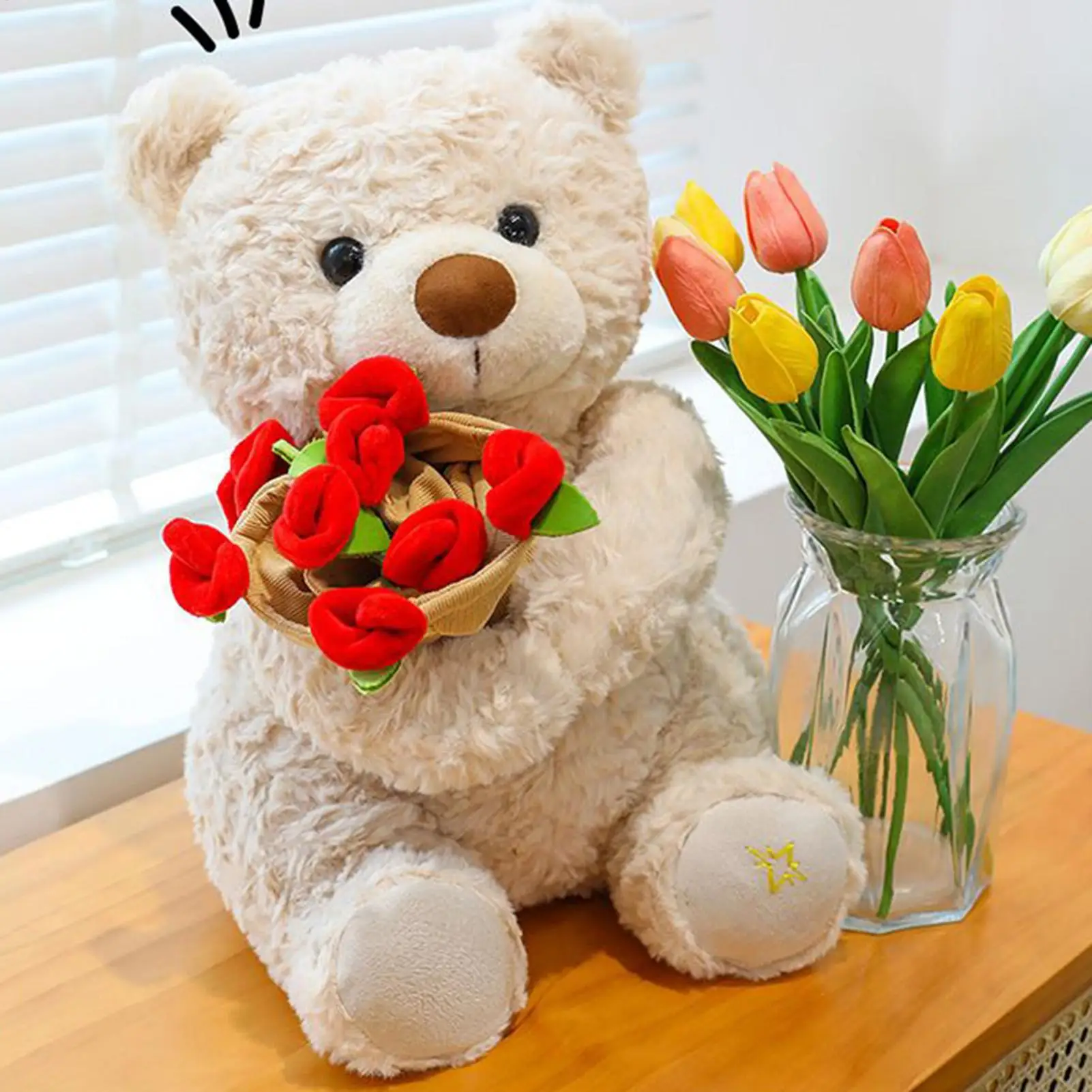 

Bear Plush Toy Holding Rose Bouquet Cuddly Soft Doll Stuffed Animal Plush Pillow Toy for Adults Women Men Kids Children Girls